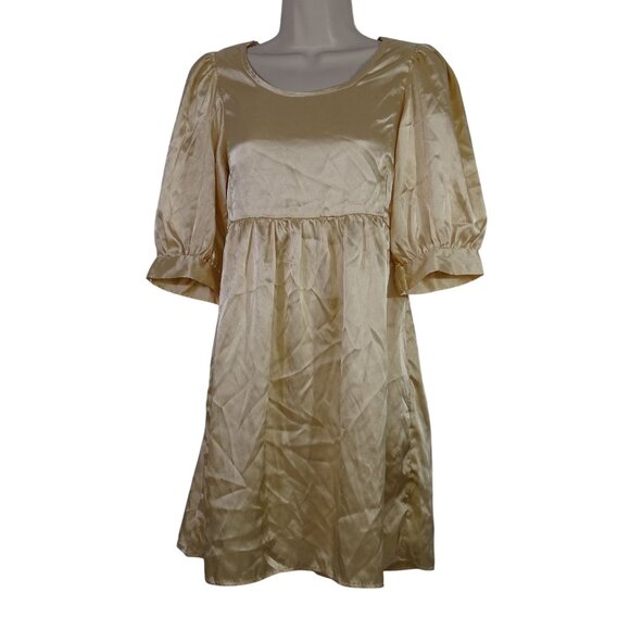 Tramp Tan Puff Sleeve Dress Women Size M Above Knee Ties at Waist - Picture 1 of 8